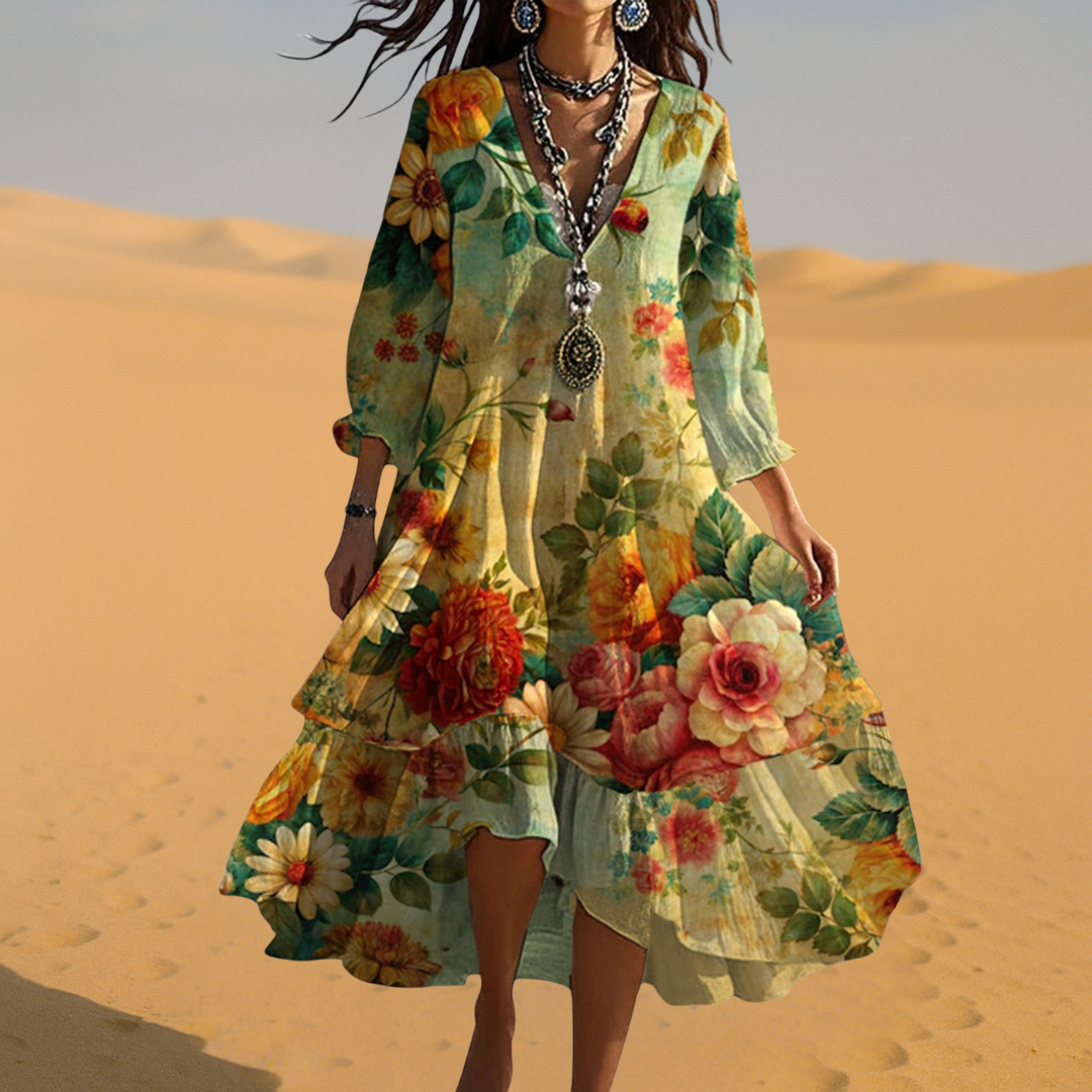Sommerkleid Boho V-Ausschnitt – Vintage-Look & Leichter Stoff