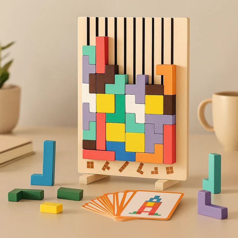 Holz Tetris-Puzzlebrett – Denkspiel & Schreibtisch Brain-Break