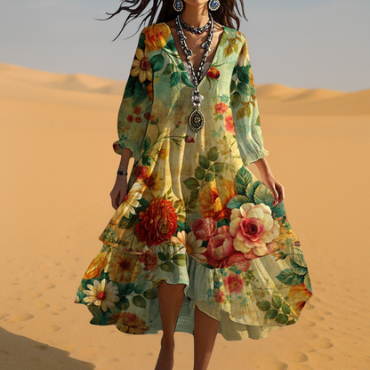 Sommerkleid Boho V-Ausschnitt – Vintage-Look & Leichter Stoff