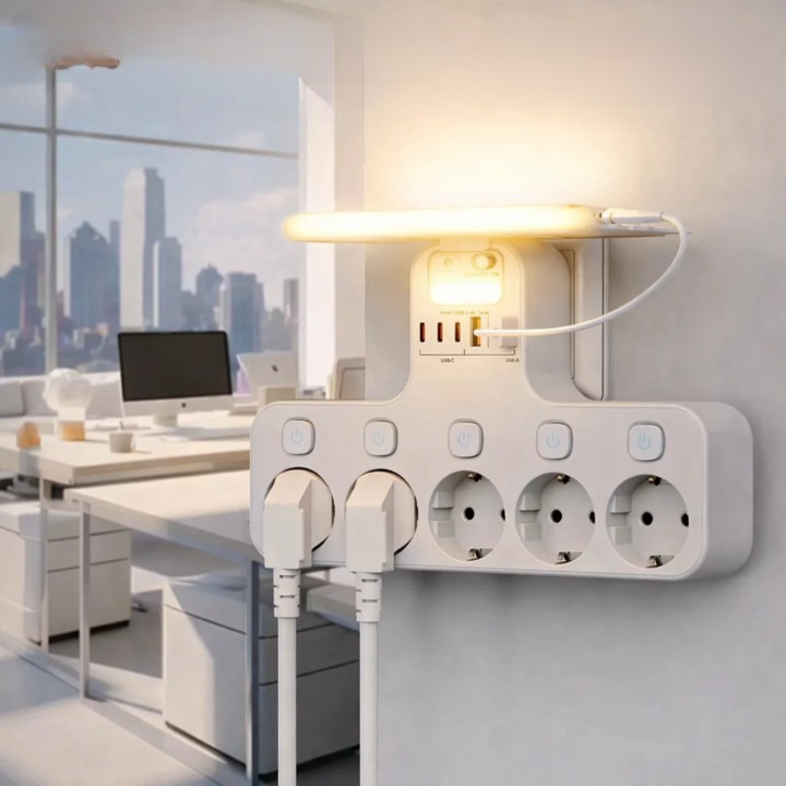 Wand-Steckdosenleiste – USB, Handyablage & Nachtlicht 5-fach