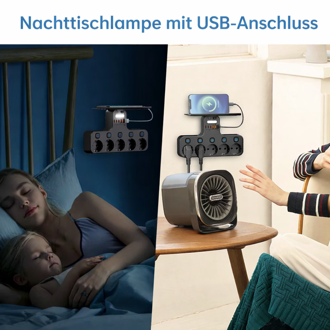 Wand-Steckdosenleiste – USB, Handyablage & Nachtlicht 5-fach