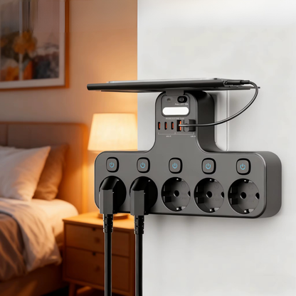 Wand-Steckdosenleiste – USB, Handyablage & Nachtlicht 5-fach
