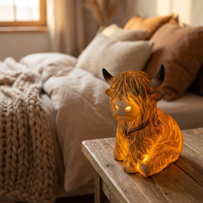 Highland-Kuh Nachtlicht aus Resin – Bernstein LED Dekorlampe