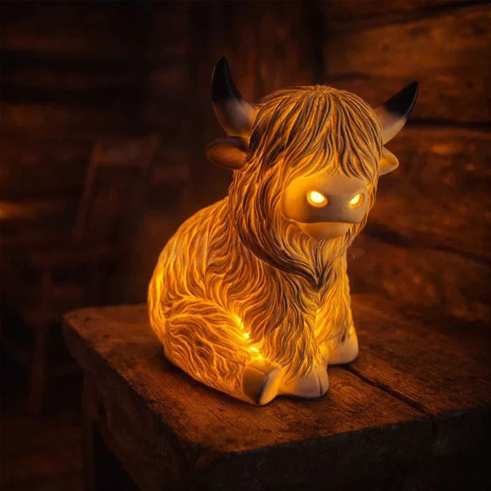 Highland-Kuh Nachtlicht aus Resin – Bernstein LED Dekorlampe