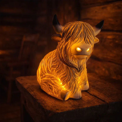 Highland-Kuh Nachtlicht aus Resin – Bernstein LED Dekorlampe