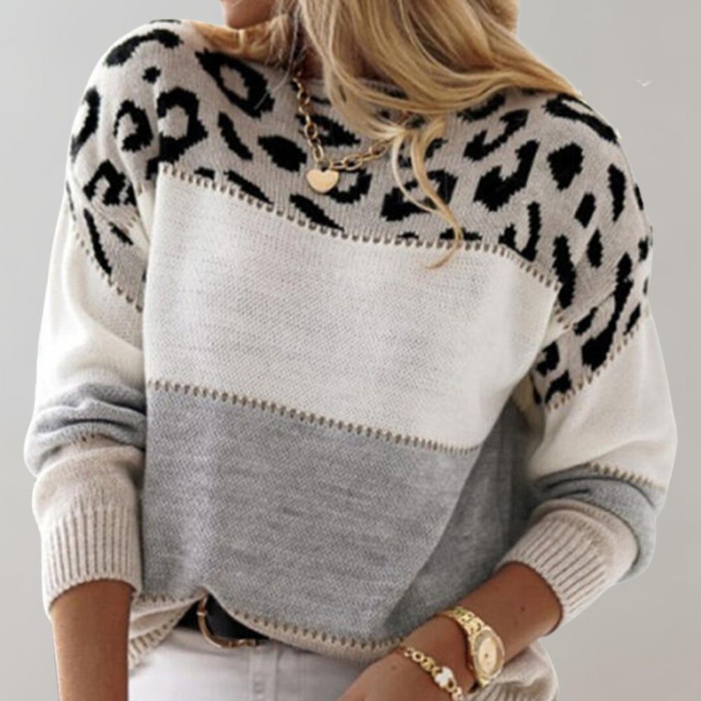 Strickpullover Damen Leopardenmuster – Farbblock & Weiche Wolle