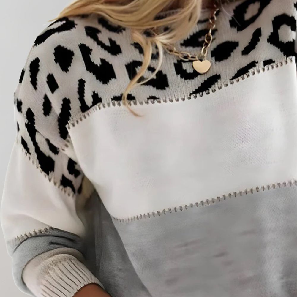 Strickpullover Damen Leopardenmuster – Farbblock & Weiche Wolle