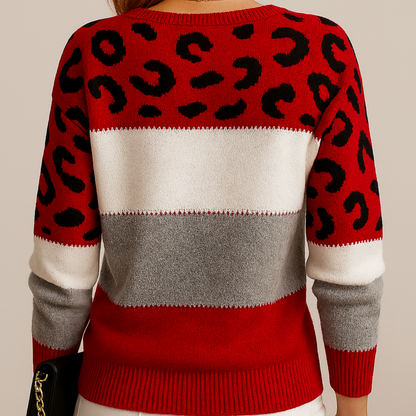 Strickpullover Damen Leopardenmuster – Farbblock & Weiche Wolle