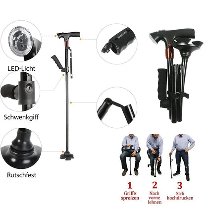 Faltbarer Gehstock mit LED-Licht – Alarm & Höhenverstellbar