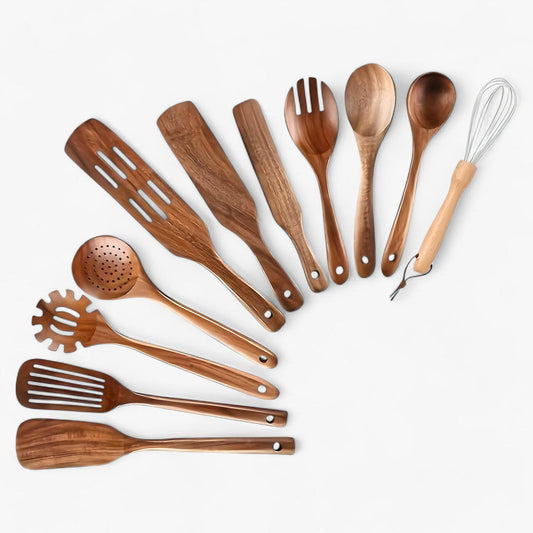 Holz Küchenbesteck-Set 11-teilig – Mit Schneebesen & Kochutensilien