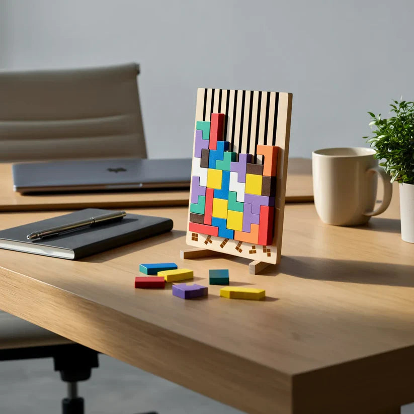 Holz Tetris-Puzzlebrett – Denkspiel & Schreibtisch Brain-Break