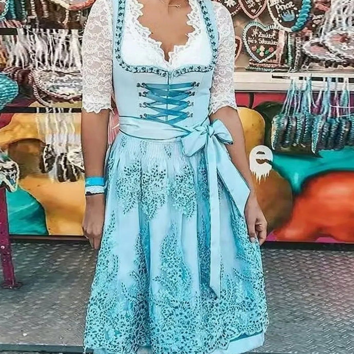 Damen Oktoberfest Dirndl Spitzenbluse Trachtenkleid Midi - Hellgrün