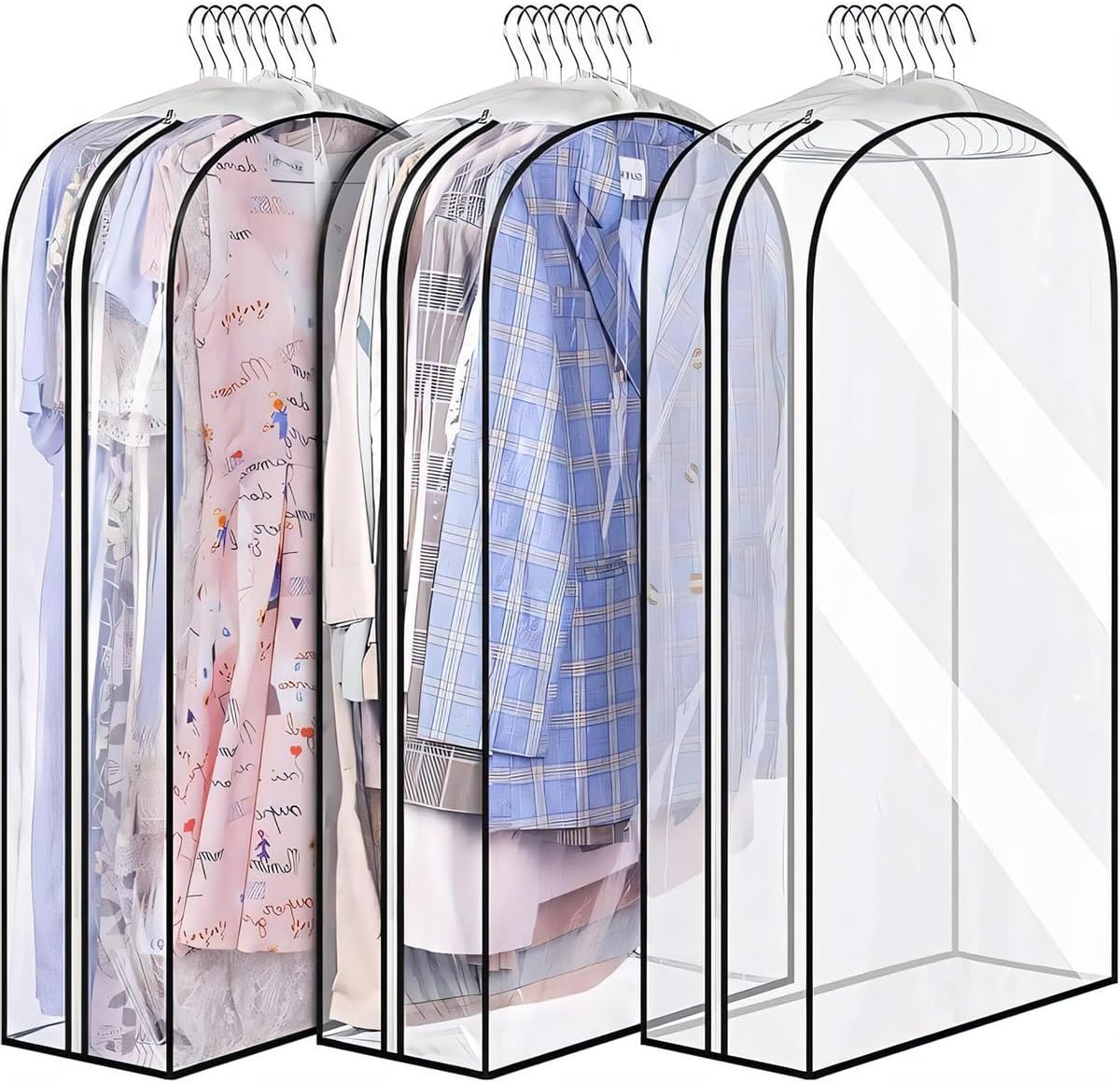 Kleiderschutzhüllen Transparent 3er-Pack – Seitenfalten & Reißverschluss