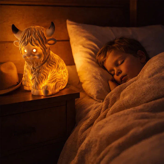 Highland-Kuh Nachtlicht aus Resin – Bernstein LED Dekorlampe