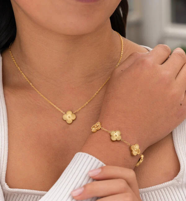 Kleeblatt Damen Schmuckset Vergoldet – Kristall & Mehrlagig